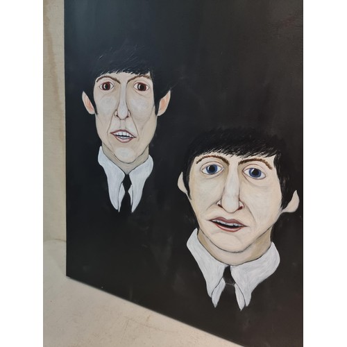 11 - An original acrylic on canvas painting of a caricature of The Beatles.  L-R George, Ringo, John and ... 