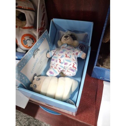 16 - A collection of 7 Compare the Meerkat boxed plush collectable toys including the Star Wars limited B... 