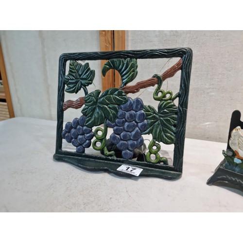 17 - 2 cast iron items including a grape designed recipe stand with adjustable base along with a letter r... 