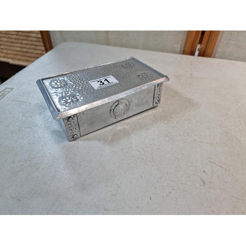 31 - An art nouveau style pewter trinket box stamped erasmic to the base and containing a quantity of col... 