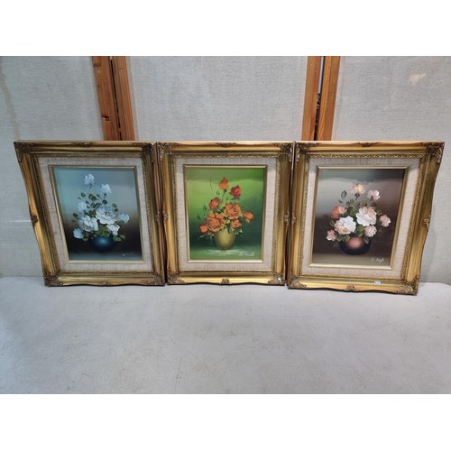 35 - A collection of 3 ornate gilt plastic famed original acrylic paintings of a still life of flowers, 1... 