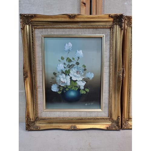 35 - A collection of 3 ornate gilt plastic famed original acrylic paintings of a still life of flowers, 1... 