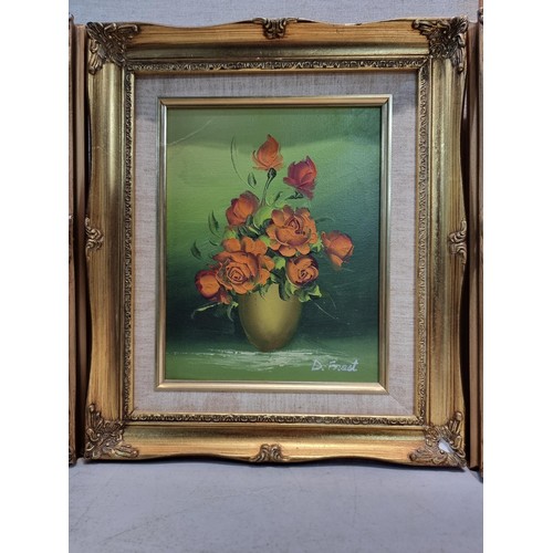 35 - A collection of 3 ornate gilt plastic famed original acrylic paintings of a still life of flowers, 1... 