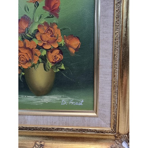 35 - A collection of 3 ornate gilt plastic famed original acrylic paintings of a still life of flowers, 1... 