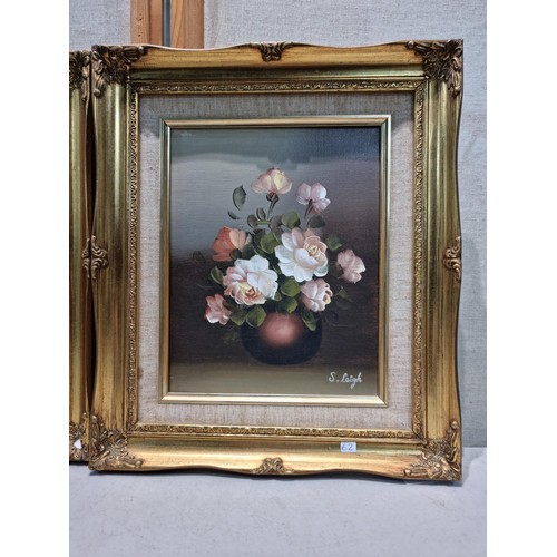 35 - A collection of 3 ornate gilt plastic famed original acrylic paintings of a still life of flowers, 1... 