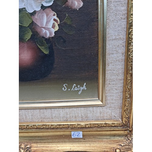 35 - A collection of 3 ornate gilt plastic famed original acrylic paintings of a still life of flowers, 1... 