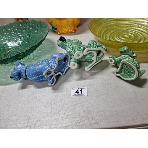 41 - Two good art glass bowls in green and yellow (largest measures 29cm diameter, along with Wade dog fi... 