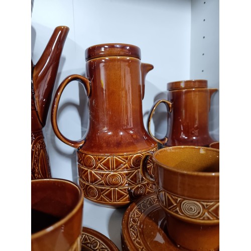 42 - Beswick Zorba coffee set with coffee pot etc along with another studio pottery earthenware coffee se... 