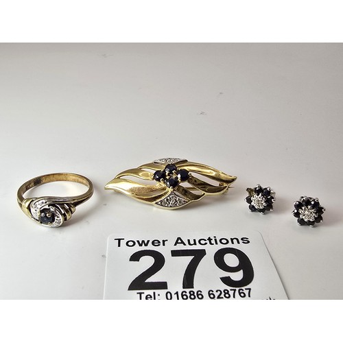 286 - A stunning 9ct yellow gold matching diamond and sapphire jewellery set featuring a brooch with a pie... 