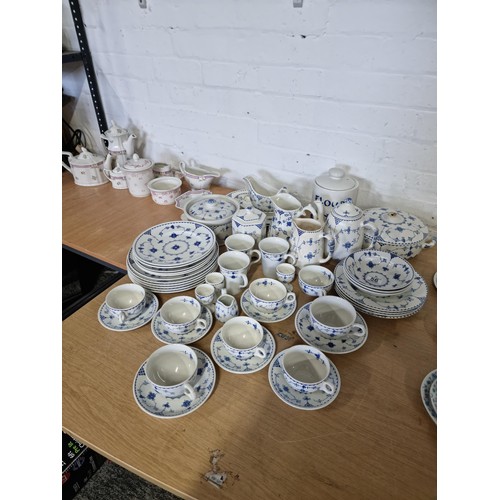 56 - A large collection of Masons Denmark, Furnivals Denmark and Johnson bros blue Denmark decorated pott... 