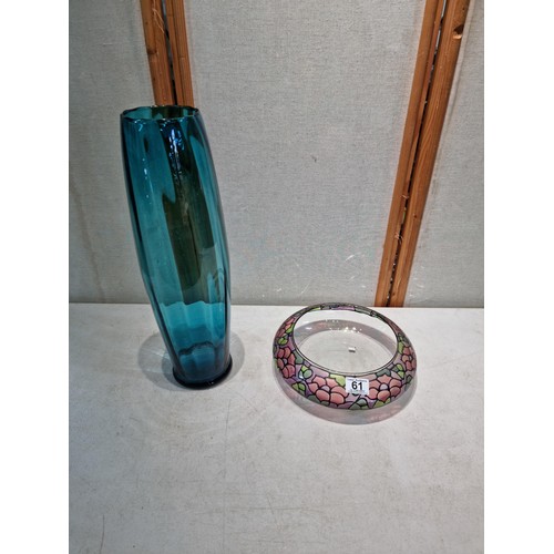 61 - A large hand painted glass bowl of good size along with a tall hand blown Aqua blue ribbed vase. Bot... 