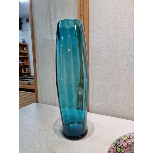 61 - A large hand painted glass bowl of good size along with a tall hand blown Aqua blue ribbed vase. Bot... 