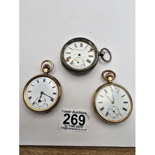 269 - 3x pocket watches for spare or repair to include 2 heavy gold plated watches marked inside the guara... 