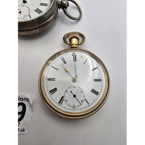 269 - 3x pocket watches for spare or repair to include 2 heavy gold plated watches marked inside the guara... 