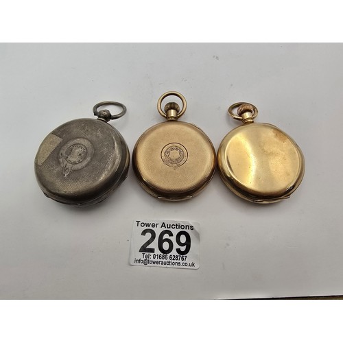 269 - 3x pocket watches for spare or repair to include 2 heavy gold plated watches marked inside the guara... 