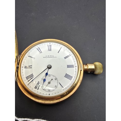 275 - A good quality heavy gold plated half hunter pocket watch by A.W Waltham, the case is marked inside ... 