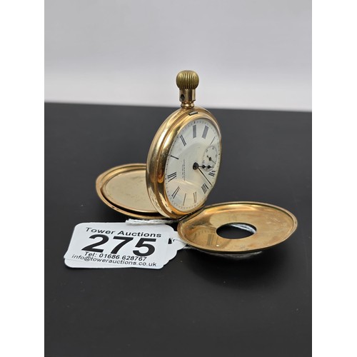 275 - A good quality heavy gold plated half hunter pocket watch by A.W Waltham, the case is marked inside ... 