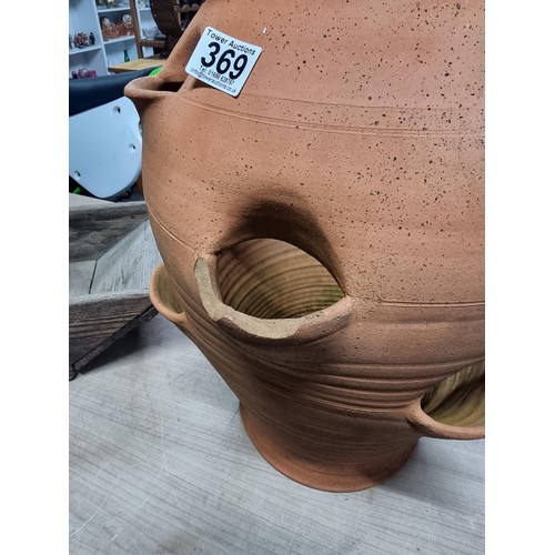 369 - Good quality large terracotta strawberry planter has a chip to the rim, along with a vintage wooden ... 