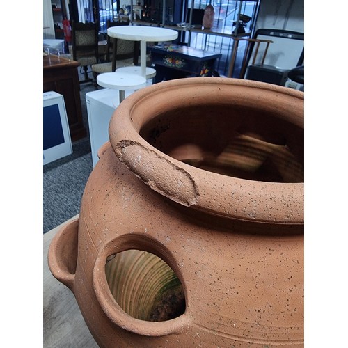 369 - Good quality large terracotta strawberry planter has a chip to the rim, along with a vintage wooden ... 