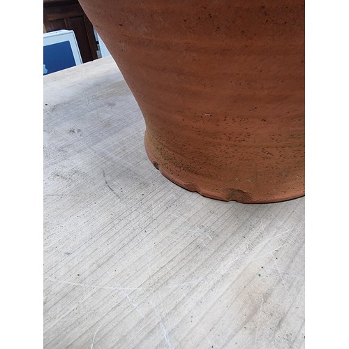 369 - Good quality large terracotta strawberry planter has a chip to the rim, along with a vintage wooden ... 