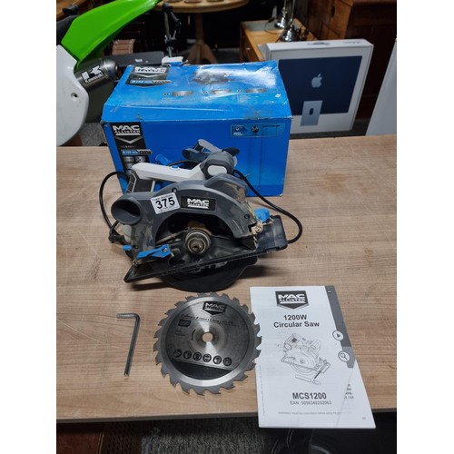 375 - Boxed MAC Allister 1200w circular saw Model MCS1200 spares or repair  complete with saw blade and in... 