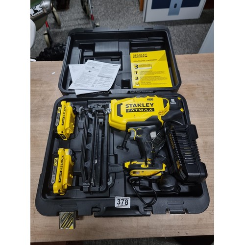 378 - A cased Stanley FatMax 18V, 16 gauge finishing nail gun, in as new condition and complete with 2 bat... 