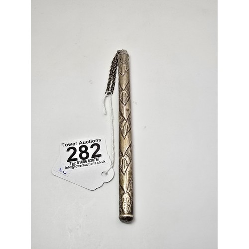 282 - An unusual tested as sterling silver lidded tube most likely for storing pencils and pencil lead, th... 