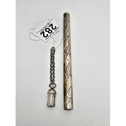 282 - An unusual tested as sterling silver lidded tube most likely for storing pencils and pencil lead, th... 