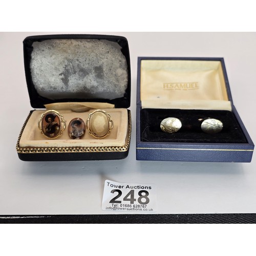 238 - 2x pairs of vintage cufflinks, 1 pair having an etched design in 925 silver, the other set has a min... 