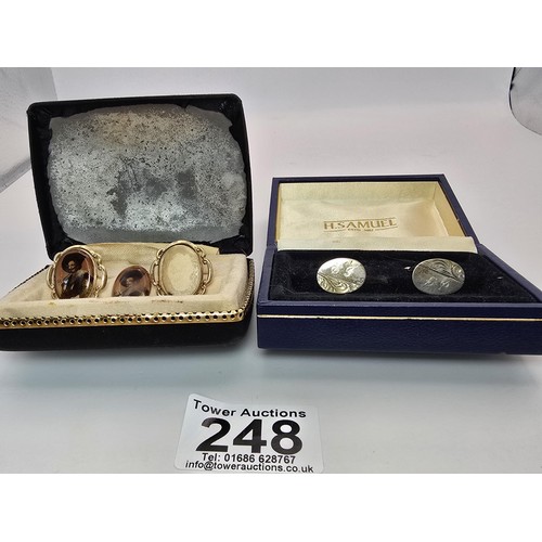 238 - 2x pairs of vintage cufflinks, 1 pair having an etched design in 925 silver, the other set has a min... 