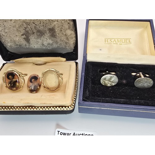 238 - 2x pairs of vintage cufflinks, 1 pair having an etched design in 925 silver, the other set has a min... 