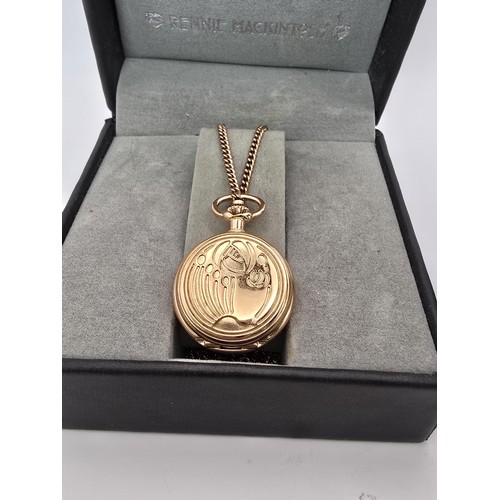 237 - An as new Rennie Mackintosh rose gold ladies fob watch and chain featuring a classic Rennie Mackinto... 