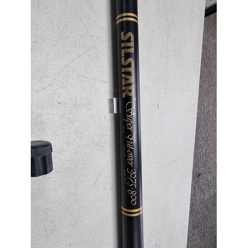 33 - Good quality Silstar super put over 3075-800 9m fishing pole in case along with a large green fishin... 