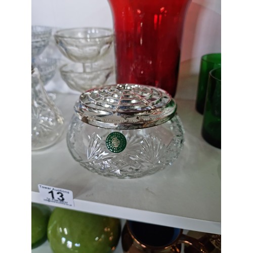 13 - 2 shelves of collectables including a silver tipped cut glass sugar sifter, a pair of cranberry glas... 