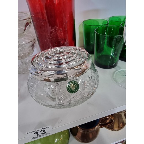 13 - 2 shelves of collectables including a silver tipped cut glass sugar sifter, a pair of cranberry glas... 