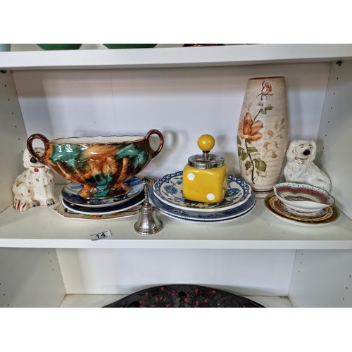 14 - A quantity of collectables including 2 Beswick Staffordshire dogs, a multi coloured ceramic centre p... 