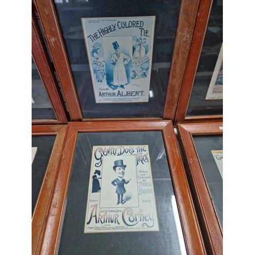 19 - A collection of 8 framed and glazed prints depicting run of the century advertising for music halls,... 