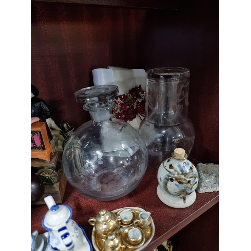 30 - Large collection of collectables inc an etched glass decanter, bedside craft and glass, miniature do... 