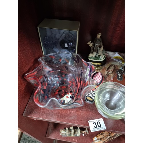 30 - Large collection of collectables inc an etched glass decanter, bedside craft and glass, miniature do... 