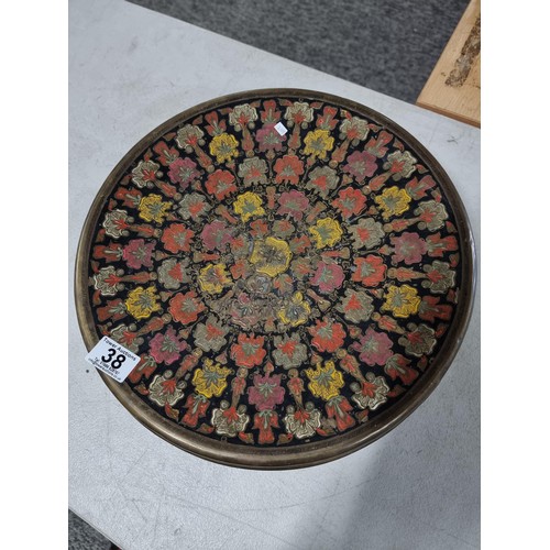 38 - Good quality Anglo Indian brass three legged foot stool with enamel decorated floral motifs, missing... 