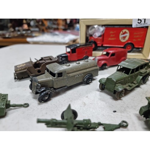 51 - Quantity of diecast play worn Dinky military vehicles inc Red Cross ambulance, fuel lorry, Jeep, Roy... 