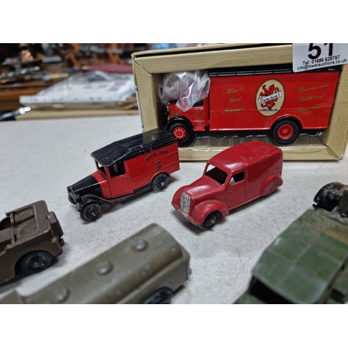 51 - Quantity of diecast play worn Dinky military vehicles inc Red Cross ambulance, fuel lorry, Jeep, Roy... 