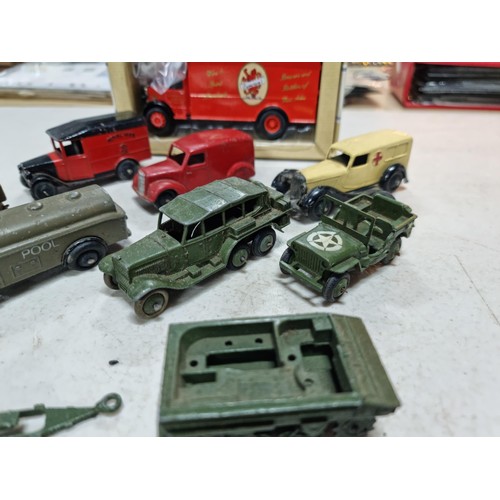 51 - Quantity of diecast play worn Dinky military vehicles inc Red Cross ambulance, fuel lorry, Jeep, Roy... 