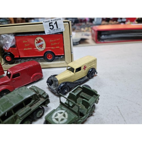 51 - Quantity of diecast play worn Dinky military vehicles inc Red Cross ambulance, fuel lorry, Jeep, Roy... 