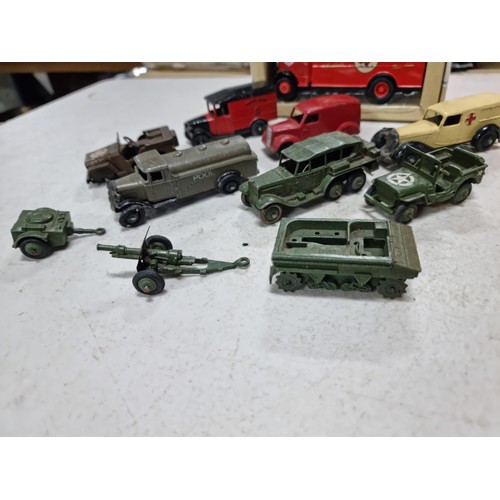 51 - Quantity of diecast play worn Dinky military vehicles inc Red Cross ambulance, fuel lorry, Jeep, Roy... 