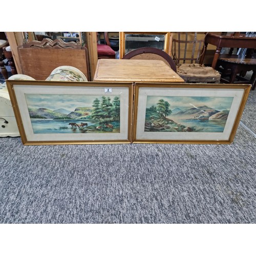 2 - 2x vintage framed and glazed watercolours of lake scenes, one with sheep by the lake and one with ca... 