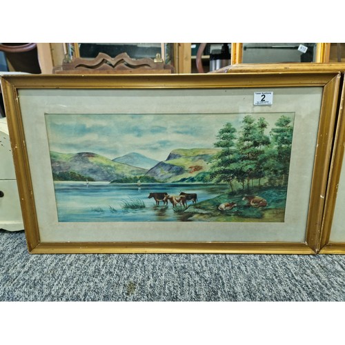 2 - 2x vintage framed and glazed watercolours of lake scenes, one with sheep by the lake and one with ca... 