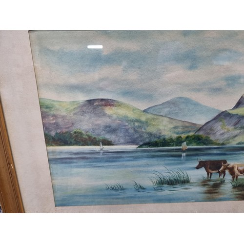 2 - 2x vintage framed and glazed watercolours of lake scenes, one with sheep by the lake and one with ca... 