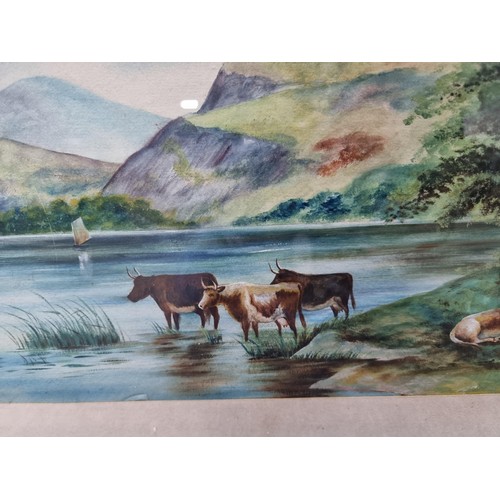 2 - 2x vintage framed and glazed watercolours of lake scenes, one with sheep by the lake and one with ca... 