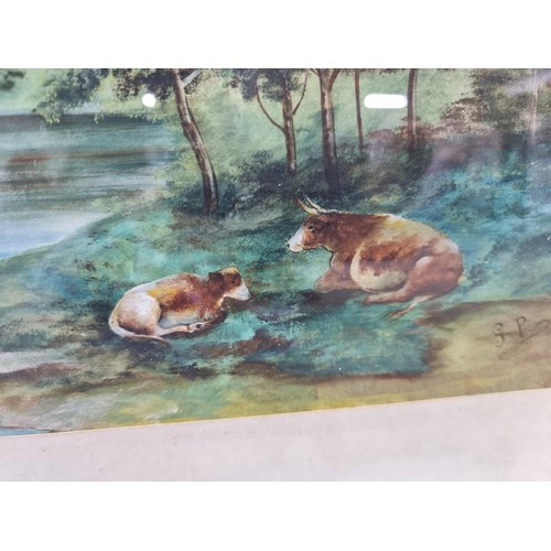 2 - 2x vintage framed and glazed watercolours of lake scenes, one with sheep by the lake and one with ca... 